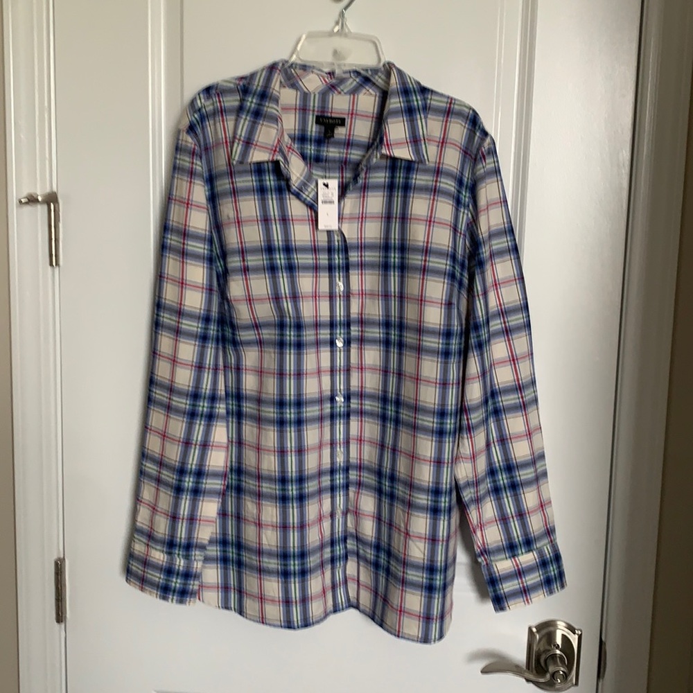 Talbots - cream blue and pink large checks shirt.